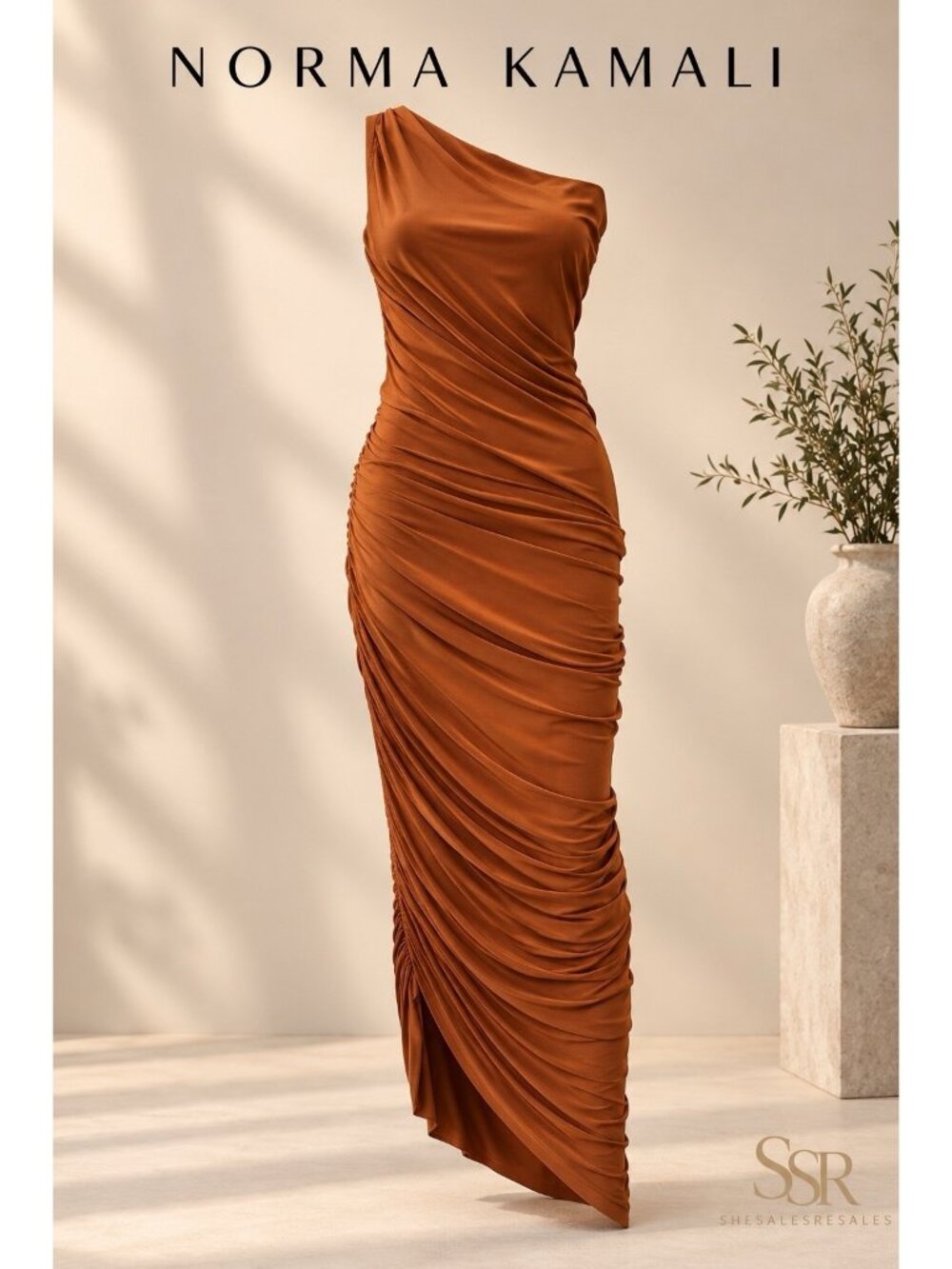 Norma Kamali Diana Gown Cinnamon Ruched One Shoulder Maxi Dress Size S 36